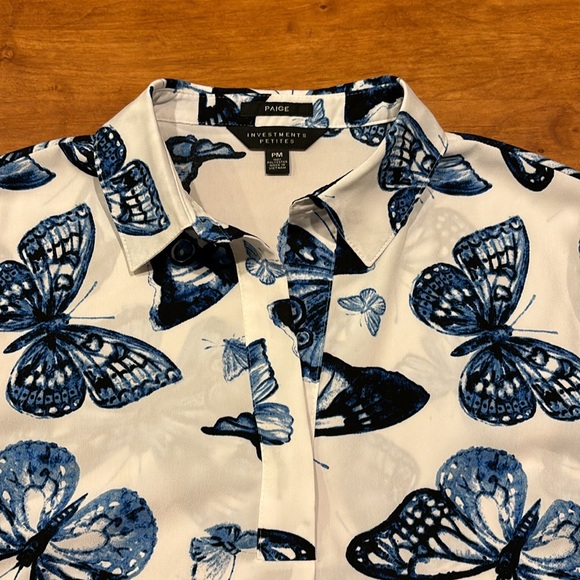 PAIGE BLOUSE TUNIC COLLAR 3/4 SLEEVE WHITE INDIGO BUTTERFLY SIDE FLAP SIZE PM - Picture 2 of 8